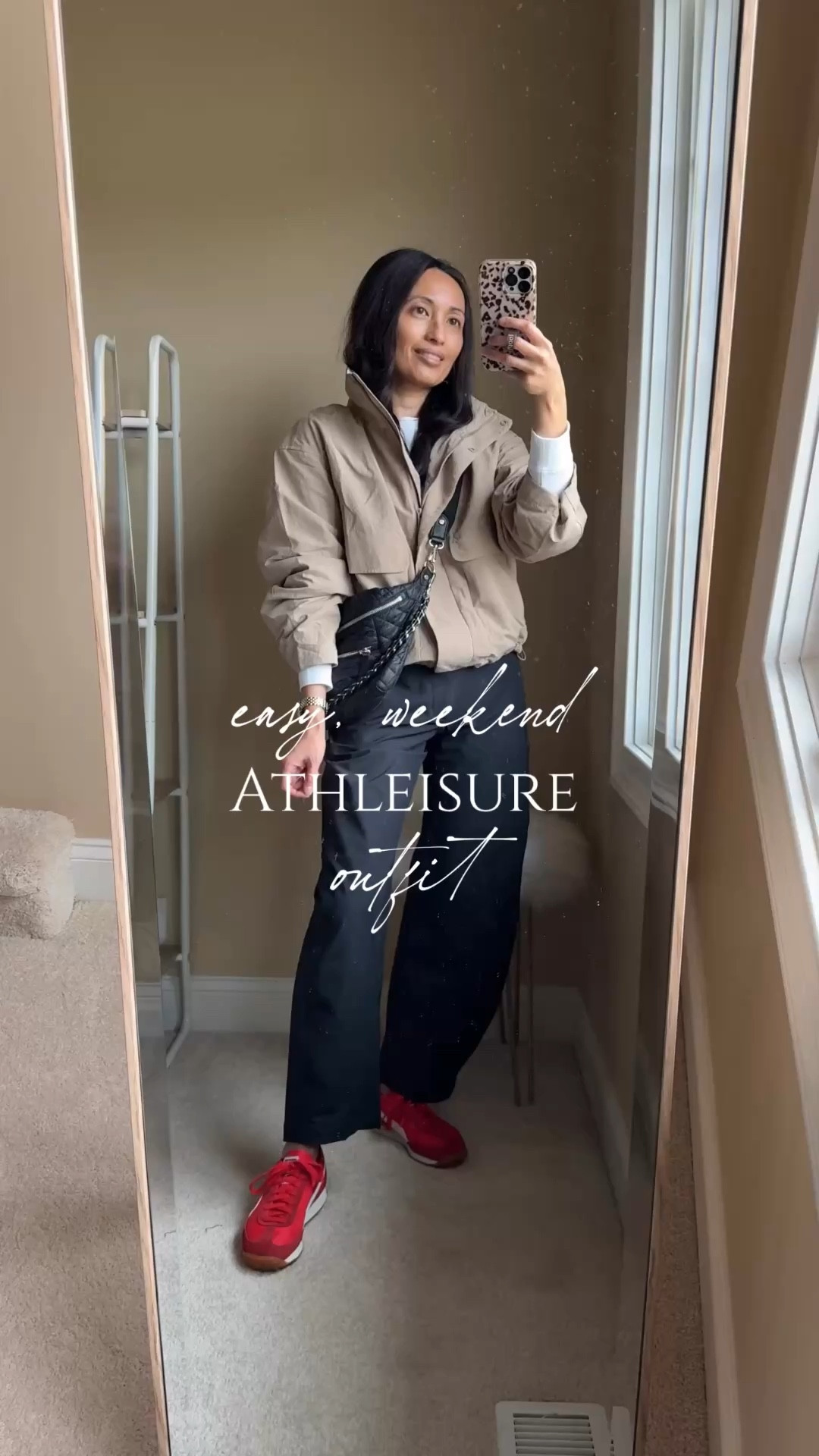 Spring outfit. Travel outfit  Easy, weekend athleisure outfit. 
- Comfy white long sleeve t-shirt: exact t-shirt true to size. 
- Barrel leg athleisure pants: exact pants size down. 
- Funnel neck jacket: exact is an updated athleisure style with good details and hidden hood. I love the adjustable cinchable waist design. Good Spring jacket. Also linking a lower priced option that looks very similar. 
- Pop of color sneakers: exact true to size. 
- Sling bag: my go-to athleisure style bag for the last few years. 


#LTKootd #LTKTravel #LTKOver40