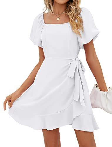 Sampeel Summer Dress for Women 2024 Square Neck Tie Waist Trendy Spring Dresses White Fahion L | Amazon (US)