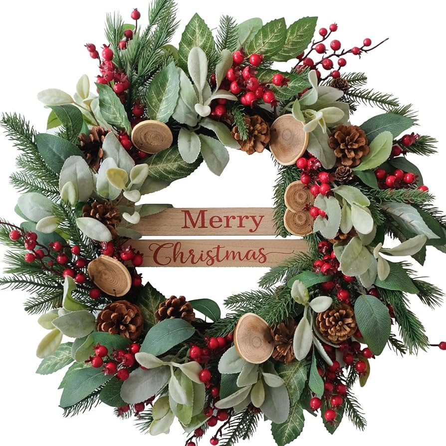 Bibelot 24 Inch Artificial Christmas Wreath with Lamb Leaves,Pine Cones and Red Berries,Winter Sp... | Amazon (US)