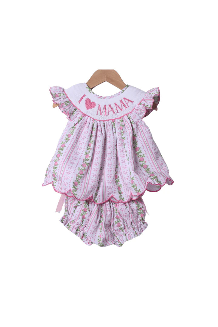 Smocked I Love Mama Fancy Floral Scalloped Bloomer Set | The Smocked Flamingo