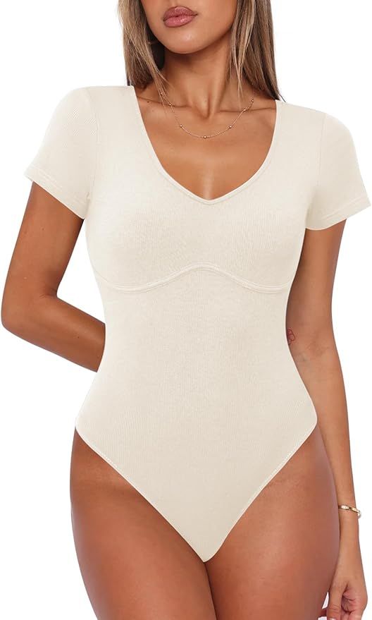 Blingfit Women's Casual Short Sleeve V Neck Ribbed Slim Fit Thong Bodysuits Tshirt Blouse Tops 20... | Amazon (US)