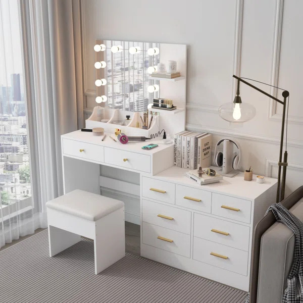 Large Makeup Vanity Set with Lights, USB & Power Outlet and 9 Drawers | Wayfair North America
