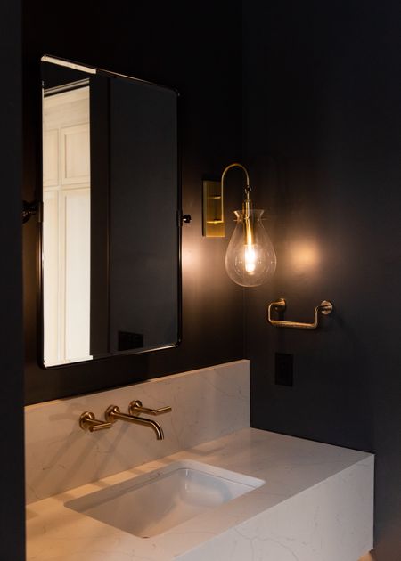 Our powder bathroom hardware and lighting. I love moody vibes and iron ore does not disappoint.

#LTKhome #LTKstyletip