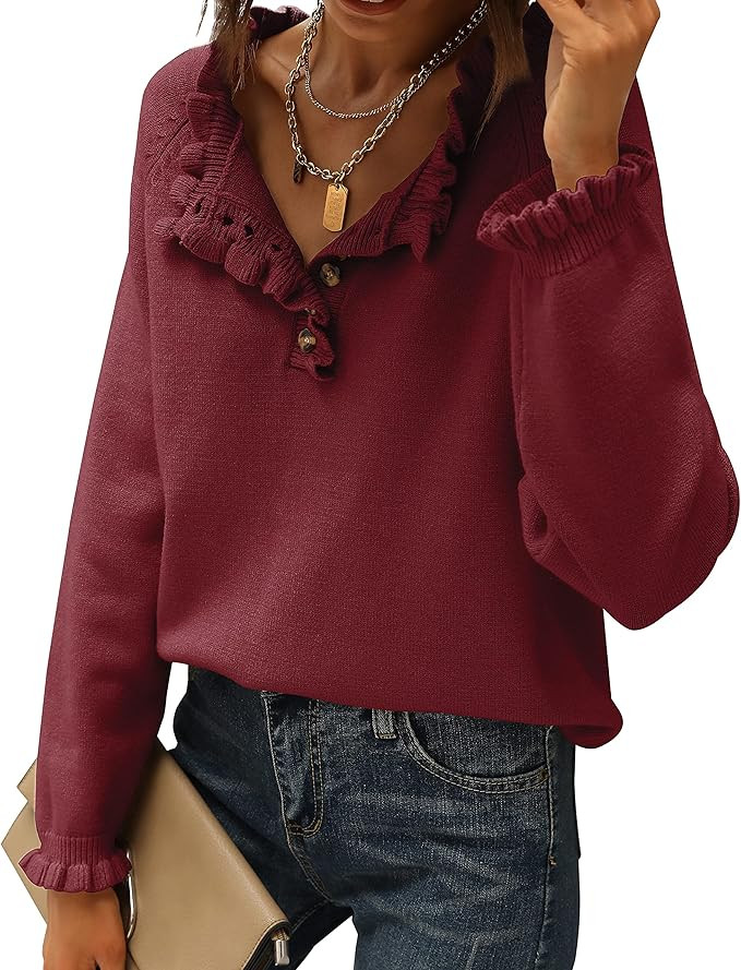 BTFBM Women's Sweaters Casual Long Sleeve Button Down Crew Neck Ruffle Knit Pullover Sweater Tops... | Amazon (US)