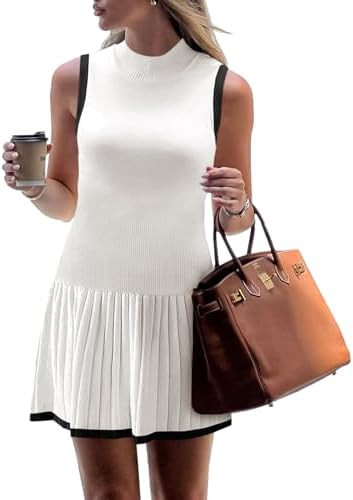Wenrine Womens Sleeveless Summer Mini Dress Mock Neck Ribbed Knit Ruffle Pleated Casual Tank Dres... | Amazon (US)