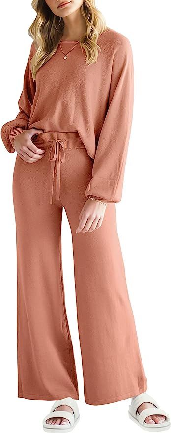 Amazon.com: ANRABESS Women’s Two Piece Outfits Long Lantern Sleeve Crewneck Crop Top with Wide ... | Amazon (US)