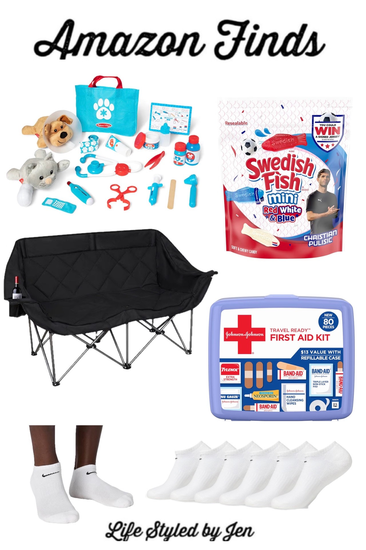 Time for this week’s Amazon Finds - five items from Amazon that are definitely worth checking out! 🎉

✔️ Melissa & Doug Vet Set - If you have any kiddos in your life who could use a fun creative play set, the best selling Melissa & Doug Pet Care Vet Set is over 50% off right now!! This set is simply the cutest, and includes dog and cat stuffies to take care of. So cute, and great for imaginative play! 🐶 🐱 

✔️ Padded Deluxe Double Camping Chair - Double camping chairs have become incredibly popular since they are so convenient! This super popular best selling version is only around $50 today! 🙌🏻 Such an incredible deal for this. It also comes in a carrying case, so it’s really easy to haul around. Perfect for camping, sports, picnics or gatherings where you may want extra seating!

✔️ Red, White & Blue Swedish Fish - I share these every year around this time, as they’re one of my favorite candies! The red, white & blue colors are so fun for the upcoming holiday as well - kids and adults alike enjoy these, and I’ve seen them used a variety of ways for festive treats ❤️🤍💙

✔️ Johnson & Johnson First Aid Travel Kit - this kit is fantastic to have on hand. Since we’re on the go so much with our kids, we keep this in our cars to have easy access to the included items whenever we may need them. Excellent mix of items for a great price, plus they come in the handy case.

✔️ Nike Unisex No Show Socks - Amazon has a flash deal right now on Nike’s best selling, cushy No Show Socks. These socks are super comfy and don’t slip - perfect for Summer 👟 

#amazon #amazonfinds

#LTKSaleAlert #LTKHome #LTKSeasonal