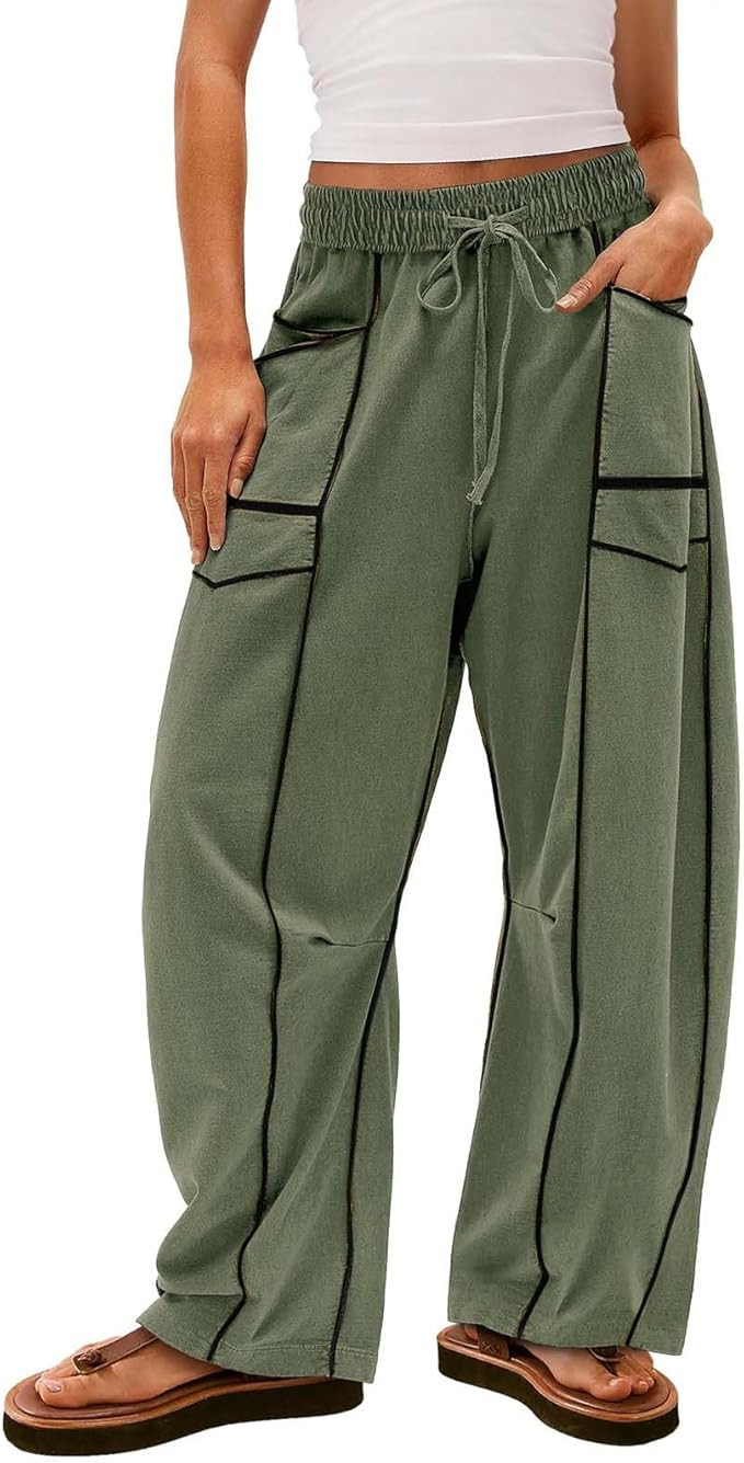 Womens Barrel Wide Leg Pants, Plus Size Drawstring Waist Sweatpants, 2026 Spring Casual Beach Pal... | Amazon (US)