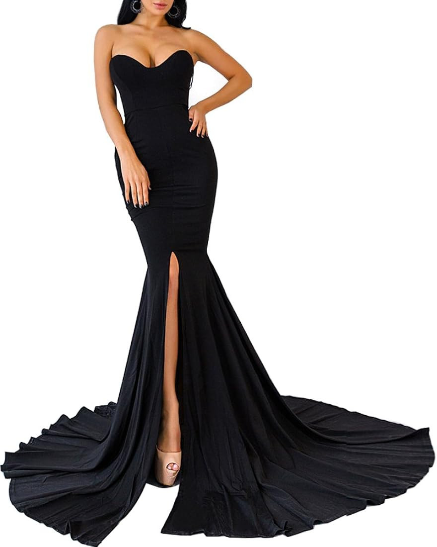 WRStore Womens Strapless Asymmetric Slit Front Evening Party Wedding Maxi Dress | Amazon (US)