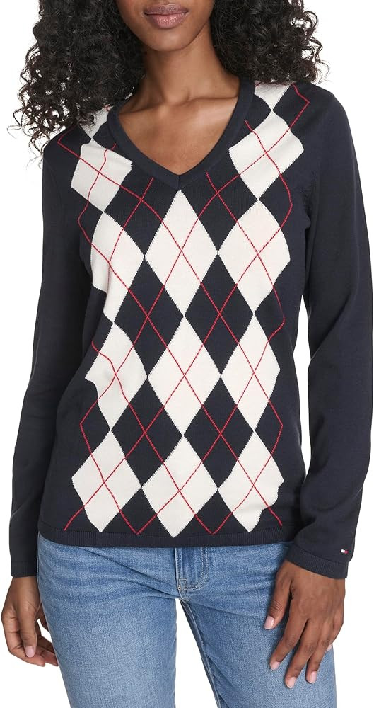 Tommy Hilfiger Womens Long Sleeve Cotton Argyle V-Neck Sweater | Amazon (US)