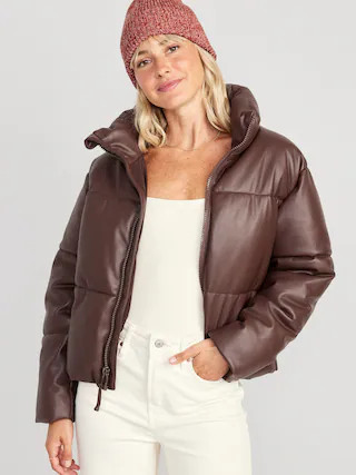 Mock-Neck Faux-Leather Puffer Jacket for Women | Old Navy (US)