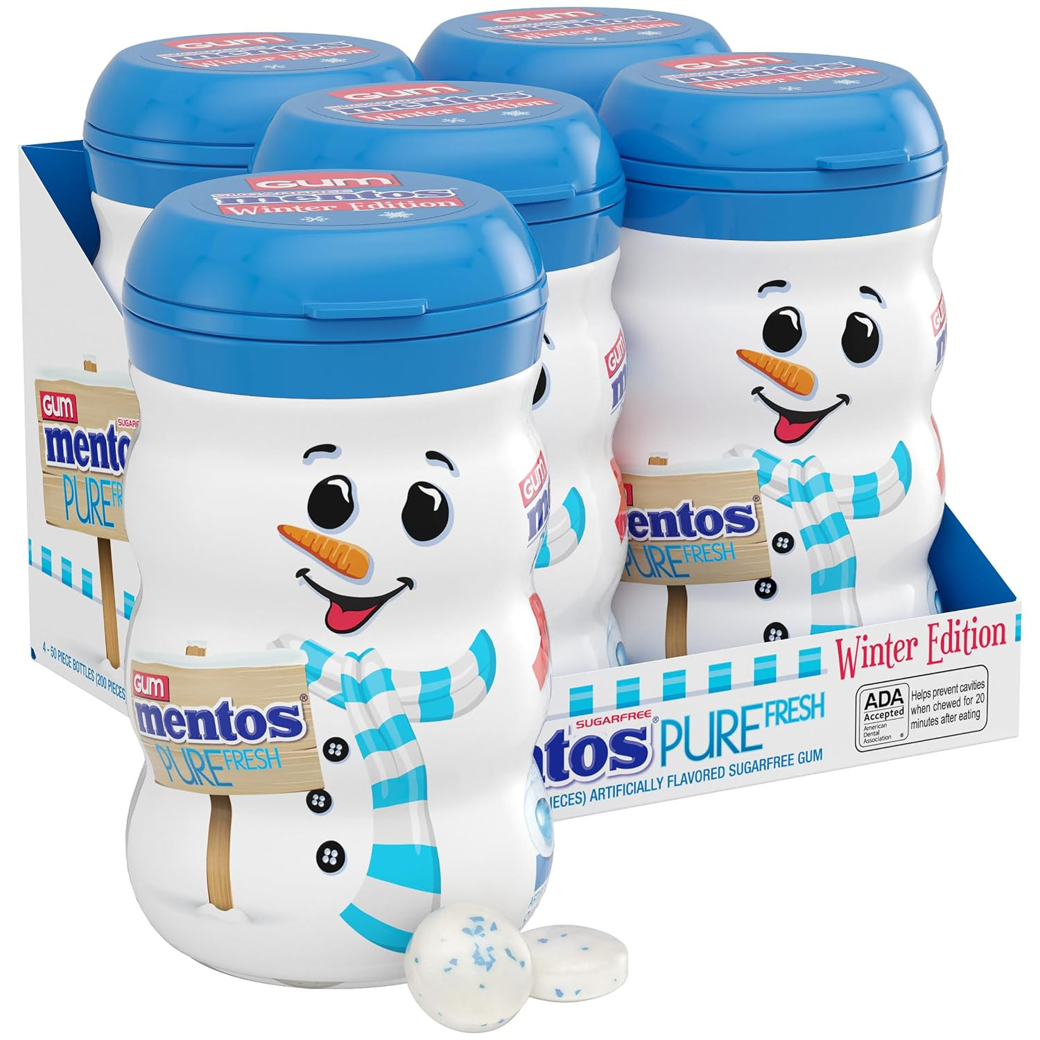 Mentos Sugar-Free Chewing Gum, Fresh Mint Flavor, Winter Edition Snowman Bottle, Holiday Stocking Stuffer, Secret Santa, 50 Count (Pack of 4) | Amazon (US)