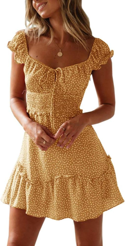 Womens Smocked Dress Ruffle Floral Tie Front Boho Short Dresses | Amazon (US)