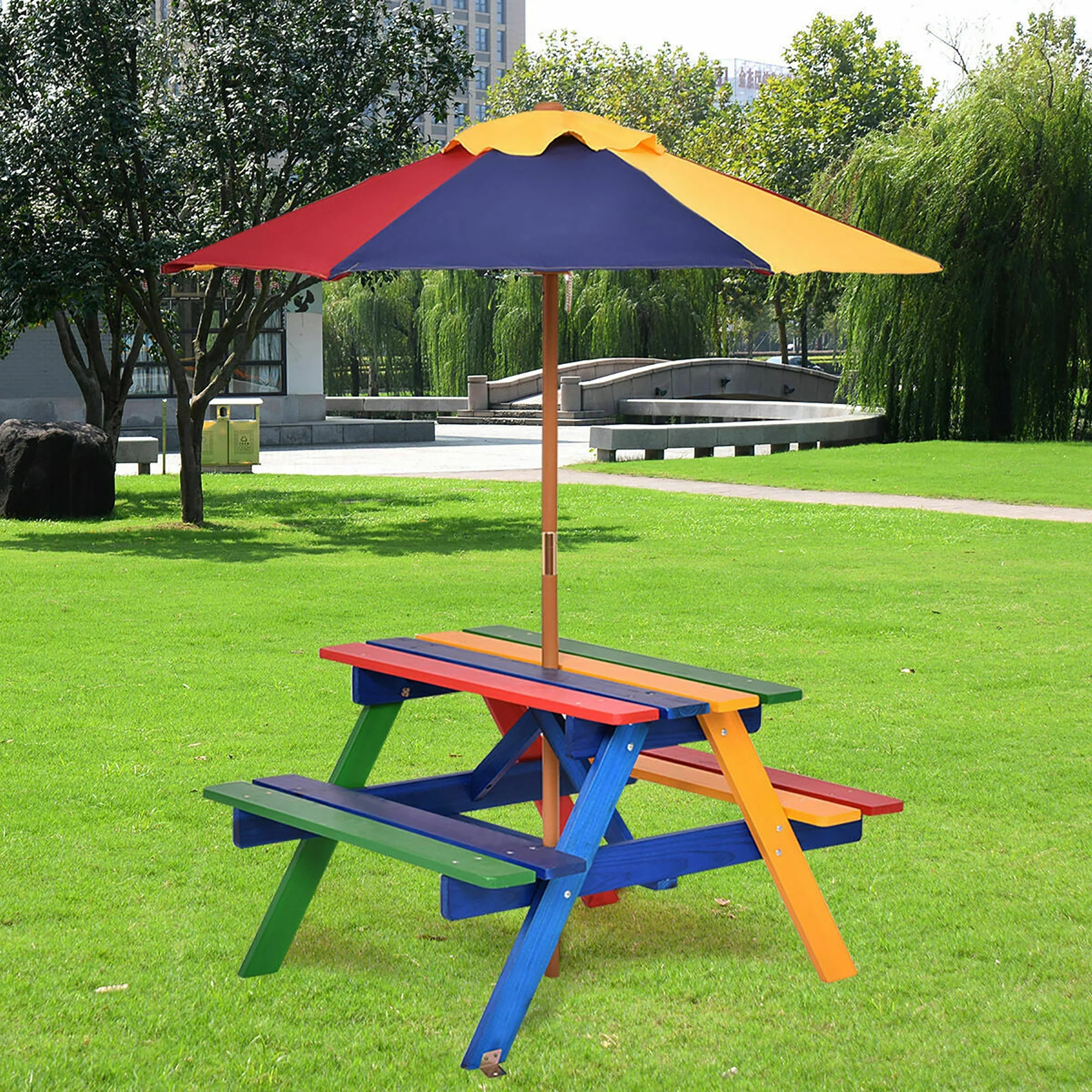Costway 4 Seat Kids Picnic Table w/Umbrella Garden Yard Folding Children Bench Outdoor | Walmart (US)
