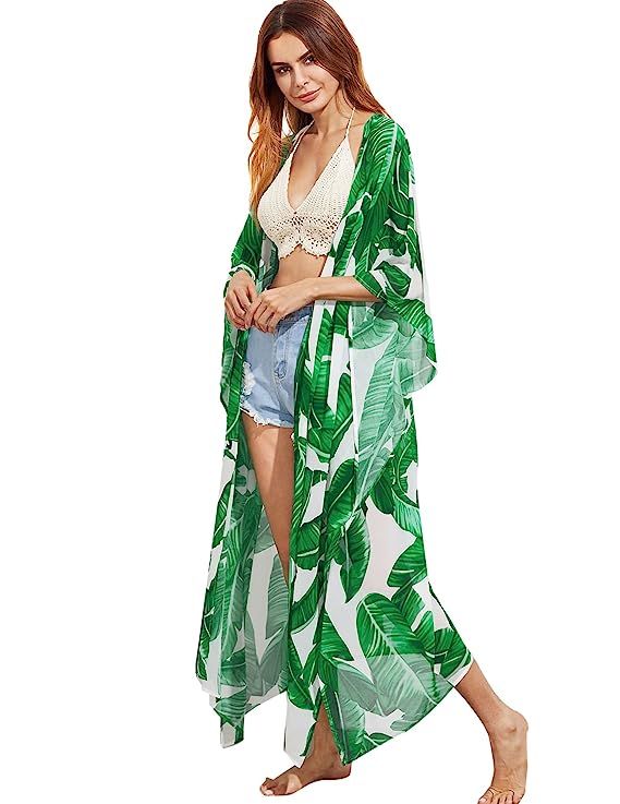 SweatyRocks Women's Flowy Kimono Cardigan Open Front Maxi Dress | Amazon (US)