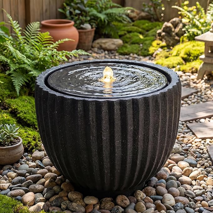 Giantex 18" Round Outdoor Water Fountain with 6 LED Lights, Stone Gray Resin Sphere Waterfall Fea... | Amazon (US)