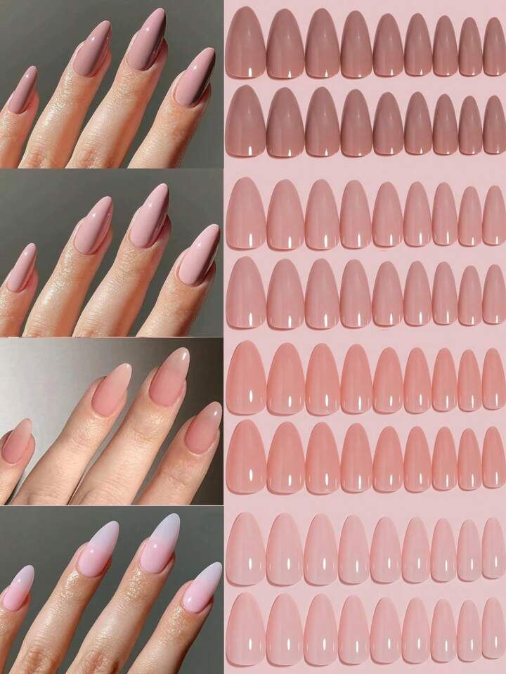96piece Brown To Light Pink Gradient Artificial Nails Jelly Glue Press On Nails Almond - Gel Nail... | SHEIN