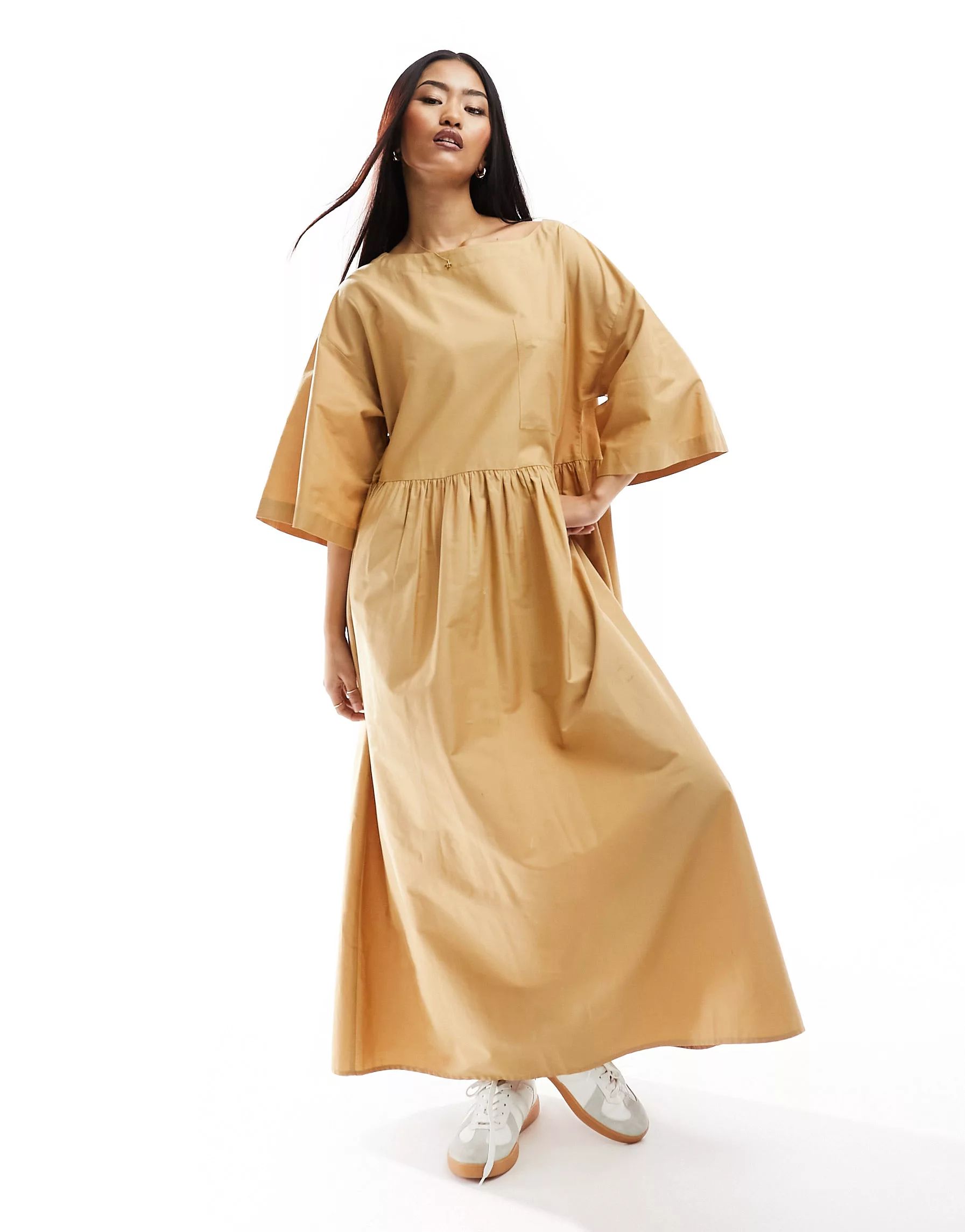 ASOS DESIGN poplin midi  t-shirt smock dress in tan | ASOS (Global)