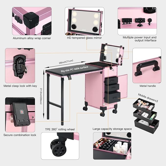 Rolling Portable Manicure Table with 3 Drawers, Lockable Makeup Train Case with Mirror, Foldable ... | Amazon (US)