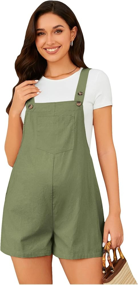 OYOANGLE Women's Maternity Overall Shorts Tie Knot Strap Short Romper Jumpsuit with One Pockets | Amazon (US)