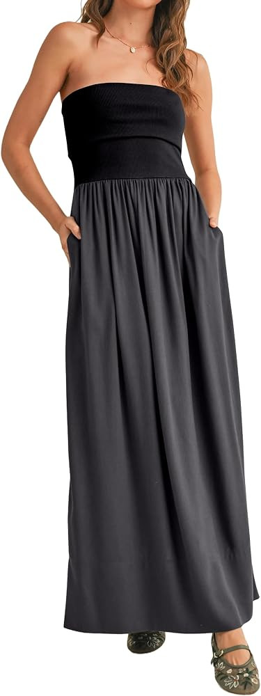 MISSACTIVER Womens Summer Drop Waist Tube Dress Flowy Patchwork Strapless Maxi Dress Off Shoulder... | Amazon (US)