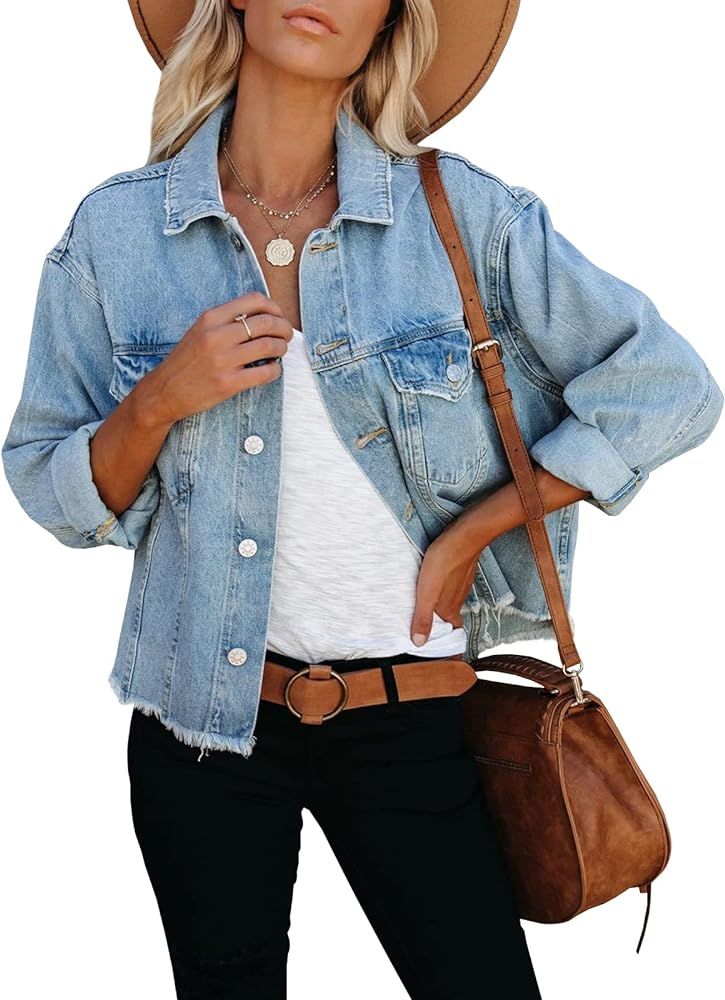LONGBIDA Women's Jean Jacket Frayed Washed Button Up Cropped Denim Jacket With Pockets | Amazon (US)