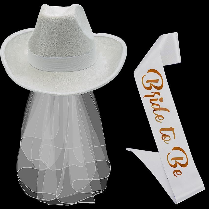 Bride Cowgirl Hat with Veil & Bachelorette Sash - White Cowboy Hat for Women - for Nashville Bachelo | Amazon (US)