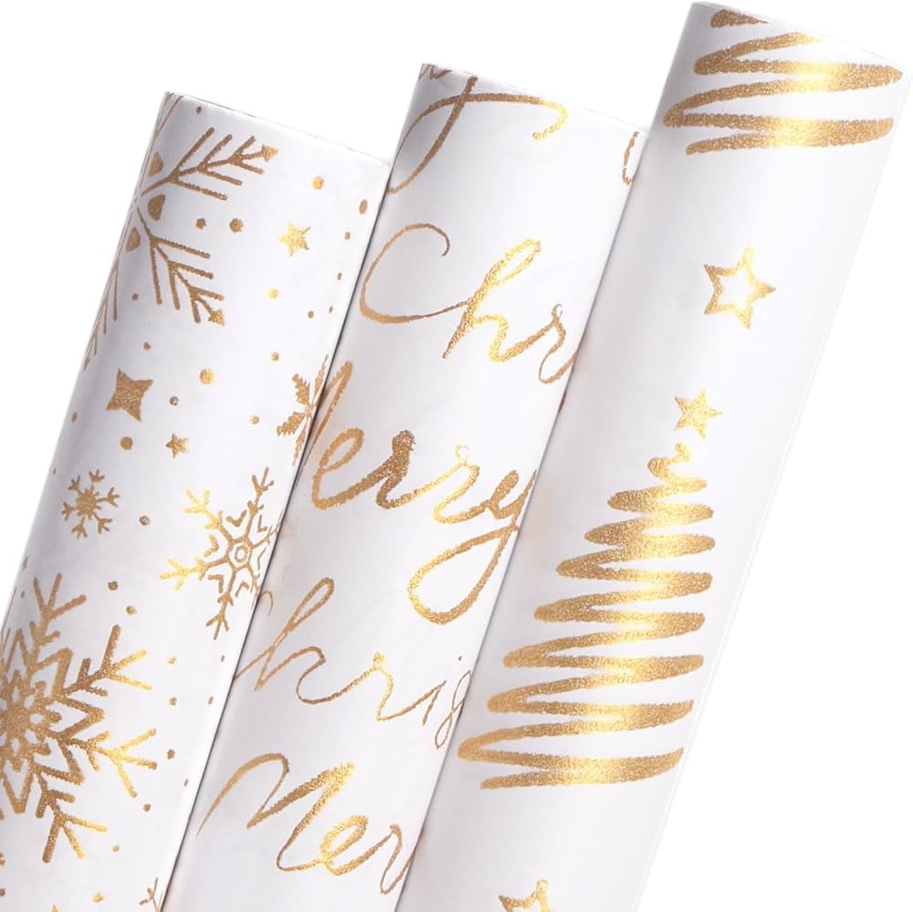 Ribbli White Gold Merry Christmas Wrapping Paper Rolls Snowflake Merry Christmas Tree Pattern wit... | Amazon (US)