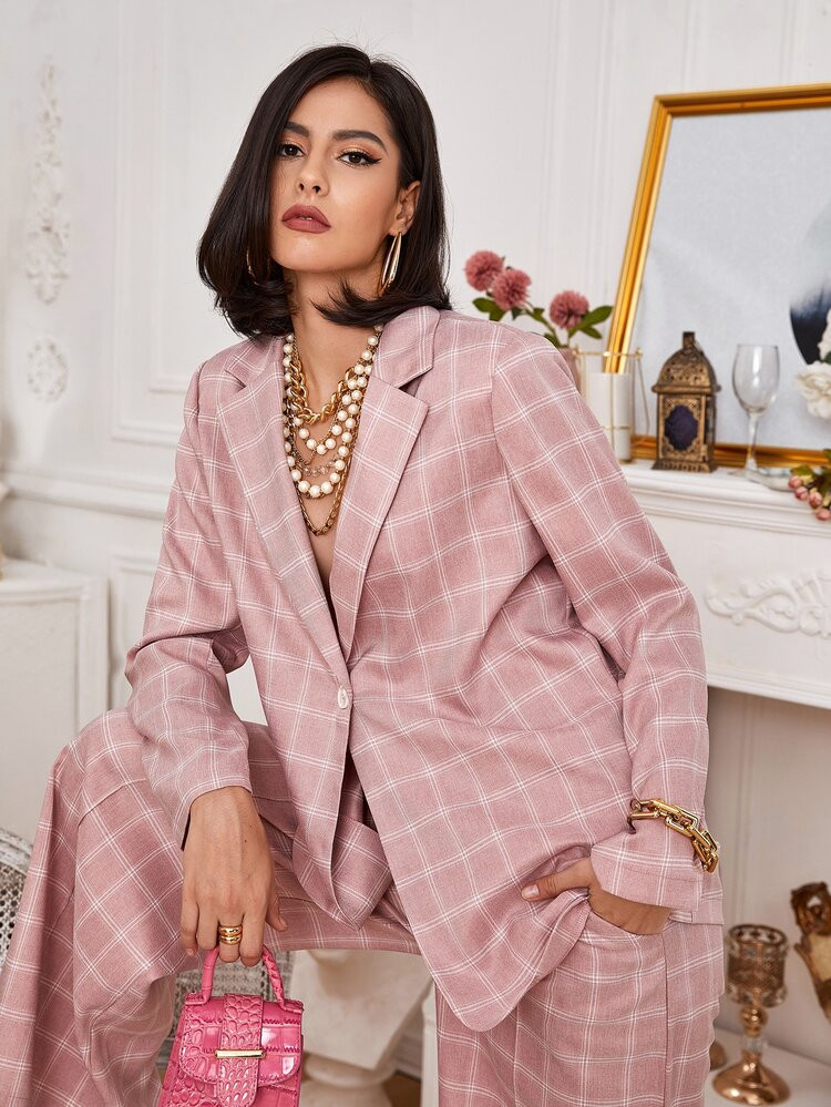 Blazers Botón A cuadros Rosa vieja Casual | SHEIN