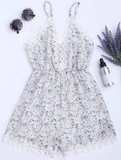 Lace Panel Floral Print Romper | ZAFUL (Global)
