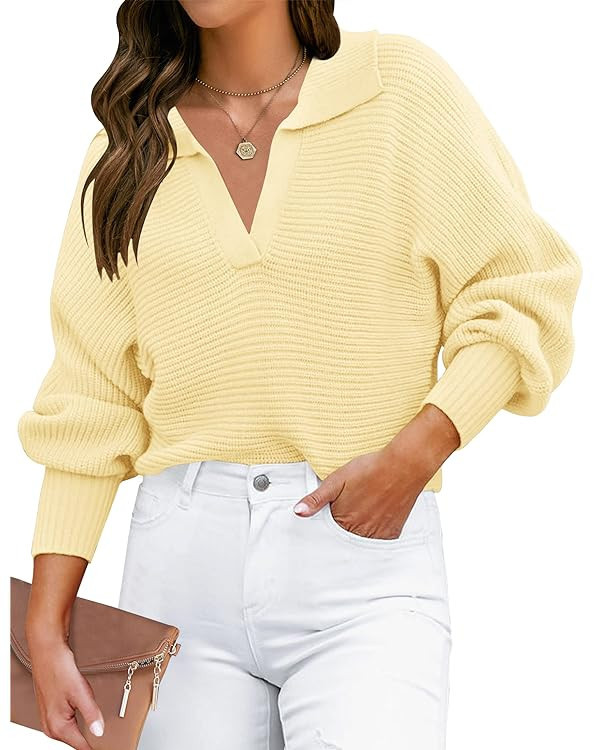 ZESICA Women's 2024 Fall Lapel Collar V Neck Long Sleeve Ribbed Knit Comfy Loose Casual Pullover ... | Amazon (US)