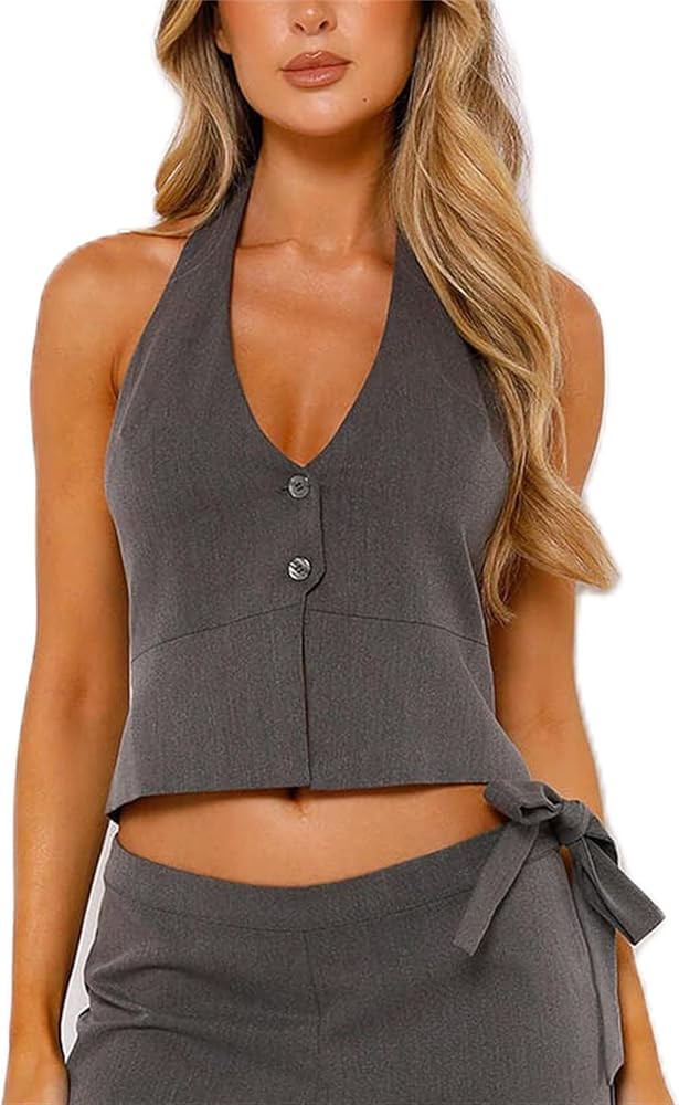 Women Crochet Knit Vest Solid Hollow Out Button Down V Neck Sleeveless Crop Tops Vintage Casual V... | Amazon (US)