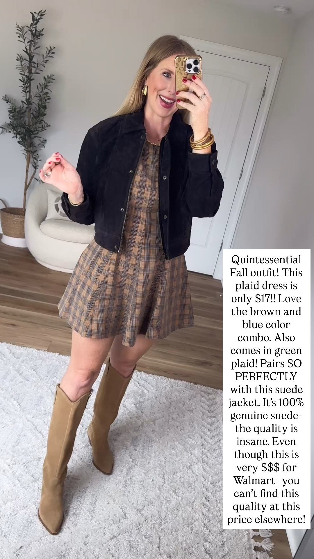 Walmart outfit try on, plaid dress, suede jacket

#LTKootd