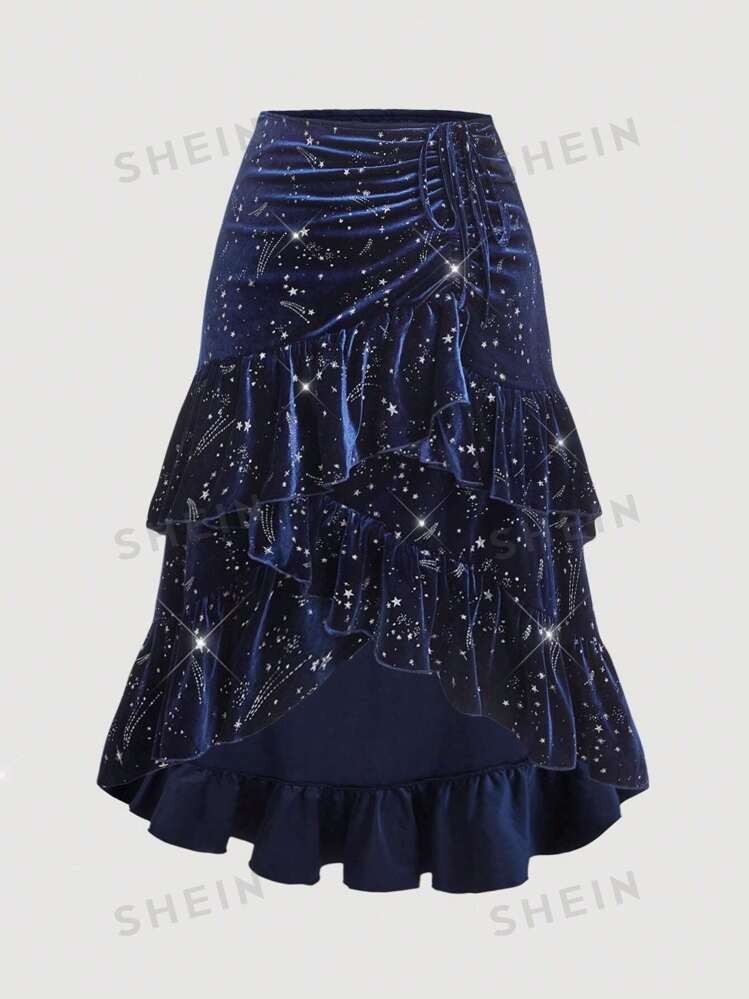 SHEIN MOD Plus Size Vintage Blue Velvet Rhinestone Ruched Flouncing A-Line Skirt, Romantic Retro ... | SHEIN