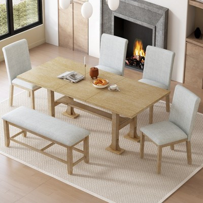 6 Pieces Dining Table Set with Bench for 6, Kitchen Table Set with Storage Drawer and 4 Upholstered Dining Chairs, Natural | Target