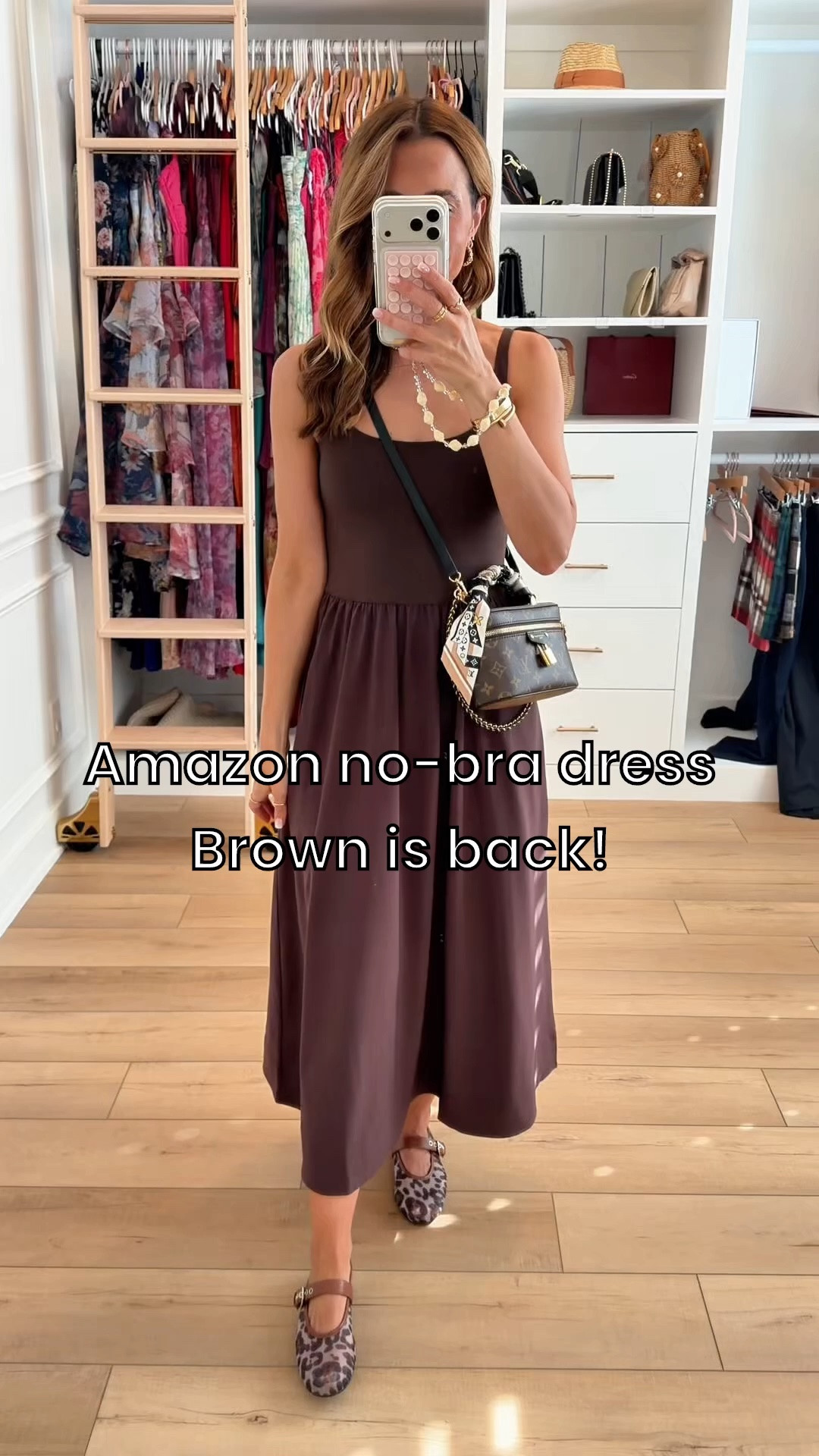 Amazon no bra needed maxi in XXS. Built-in shelf bra with adjustable straps and pockets. Leopard ballet flats are TTS. Summer outfit. Summer dress. Elevated casual outfit. Brown maxi dress. Fall outfit. Fall style.