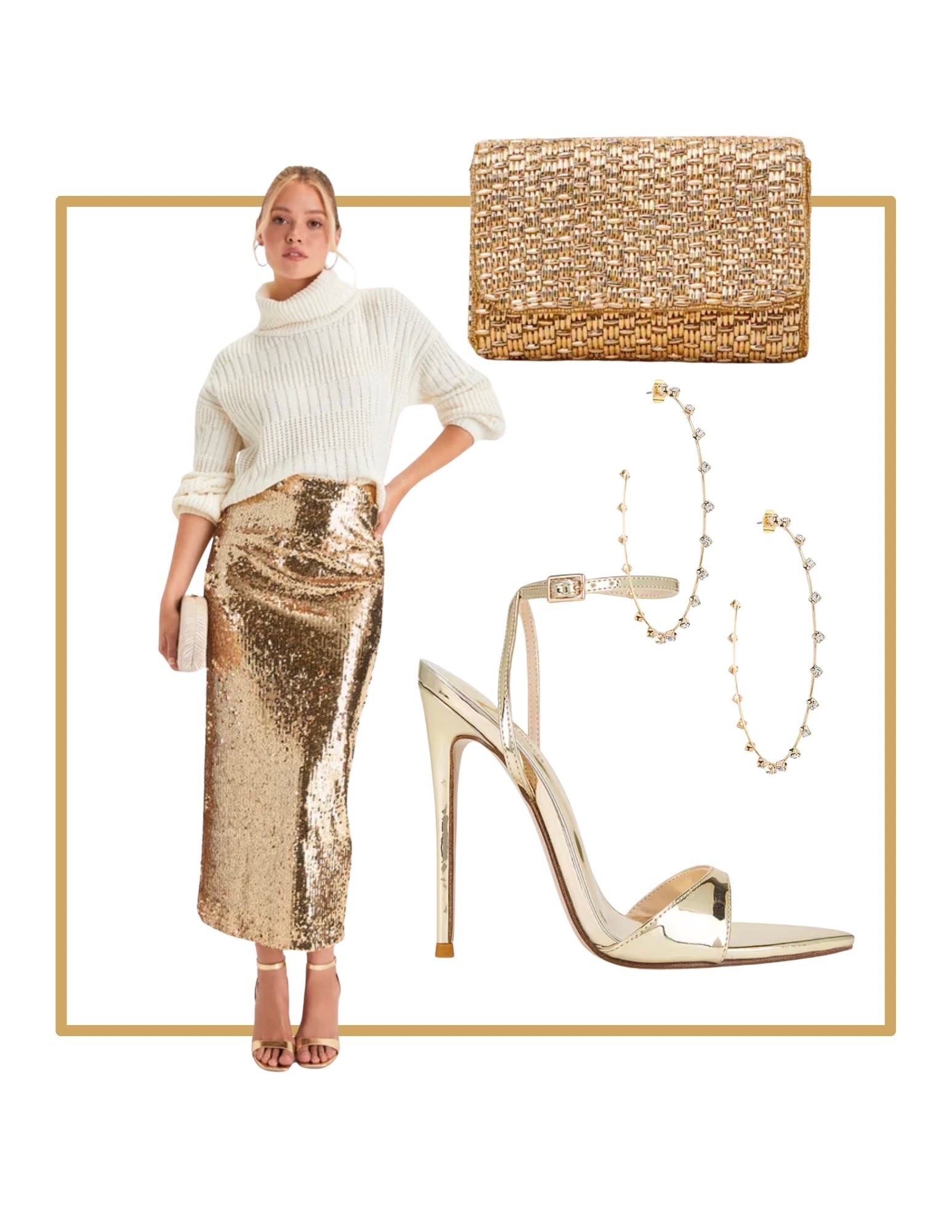 Gold sequin midi skirt. Gold clutch bag. Gold heeled sandals. Gold hoop earrings. Beautiful Christmas or new years outfit for a formal or office event.

#LTKHoliday #LTKParties #LTKShoeCrush