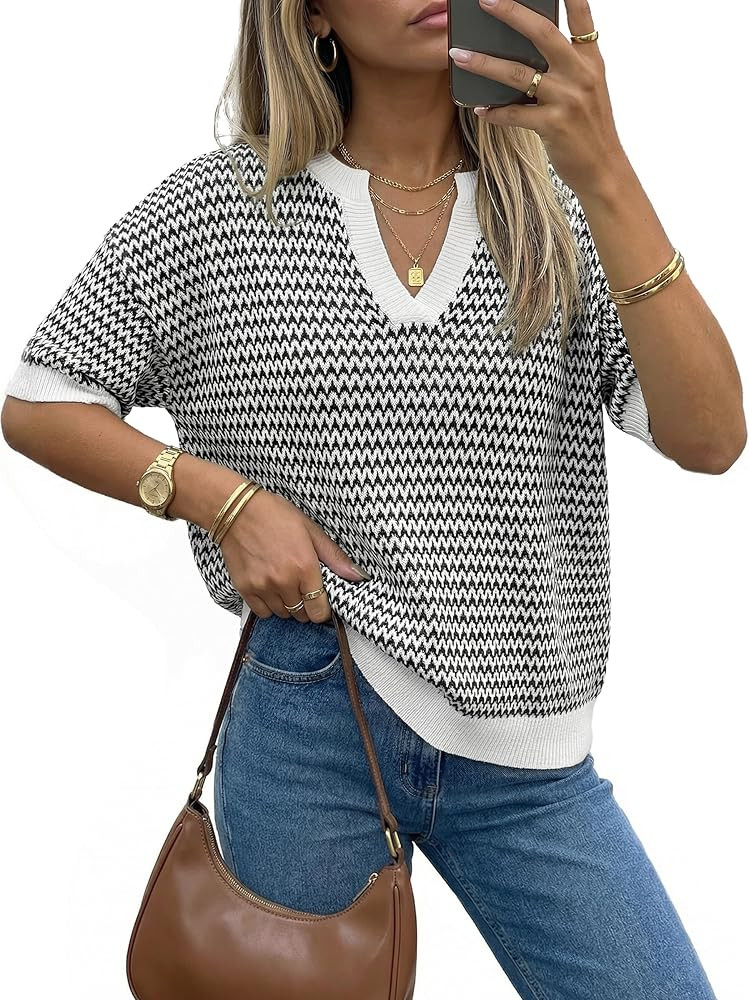 Arach&Cloz Women's 100% Cotton Polo V Neck Striped Short Sleeve Spring Casual Pullover Sweaters 2... | Amazon (US)
