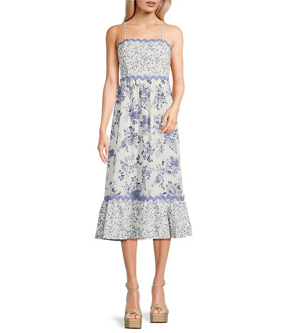 Floral Print Ricrac Trim Square Neck Spaghetti Strap Dress | Dillard's