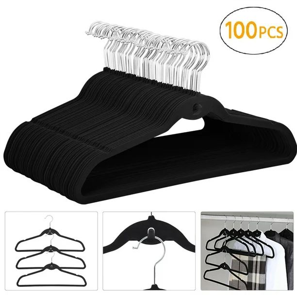 Cascading Non-slip Velvet Clothes Hangers, Pack of 100, Black | Walmart (US)