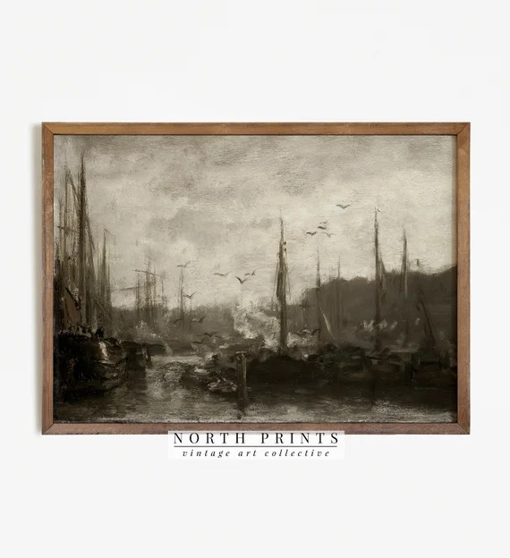 Moody Harbor Painting | Dark Nautical Sailboats PRINTABLE #617 | Etsy (US)