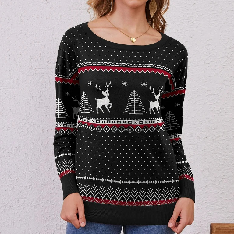 Asklazy Women's Long Sleeve Crew Neck Knitted Christmas Pullover Christmas Sweater,F Black White,... | Walmart (US)