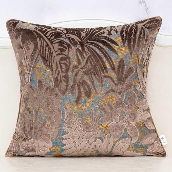 Alerfa Brown Throw Pillow Cover 20x20 Inch, Square Cut Velvet Maple Leaf Embroidery Luxury Farmho... | Amazon (US)