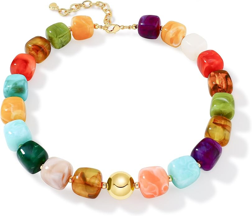 Chunky Beaded Choker Necklace for Women Trendy Statement Necklace Adjustable Gold Chain with Squa... | Amazon (US)