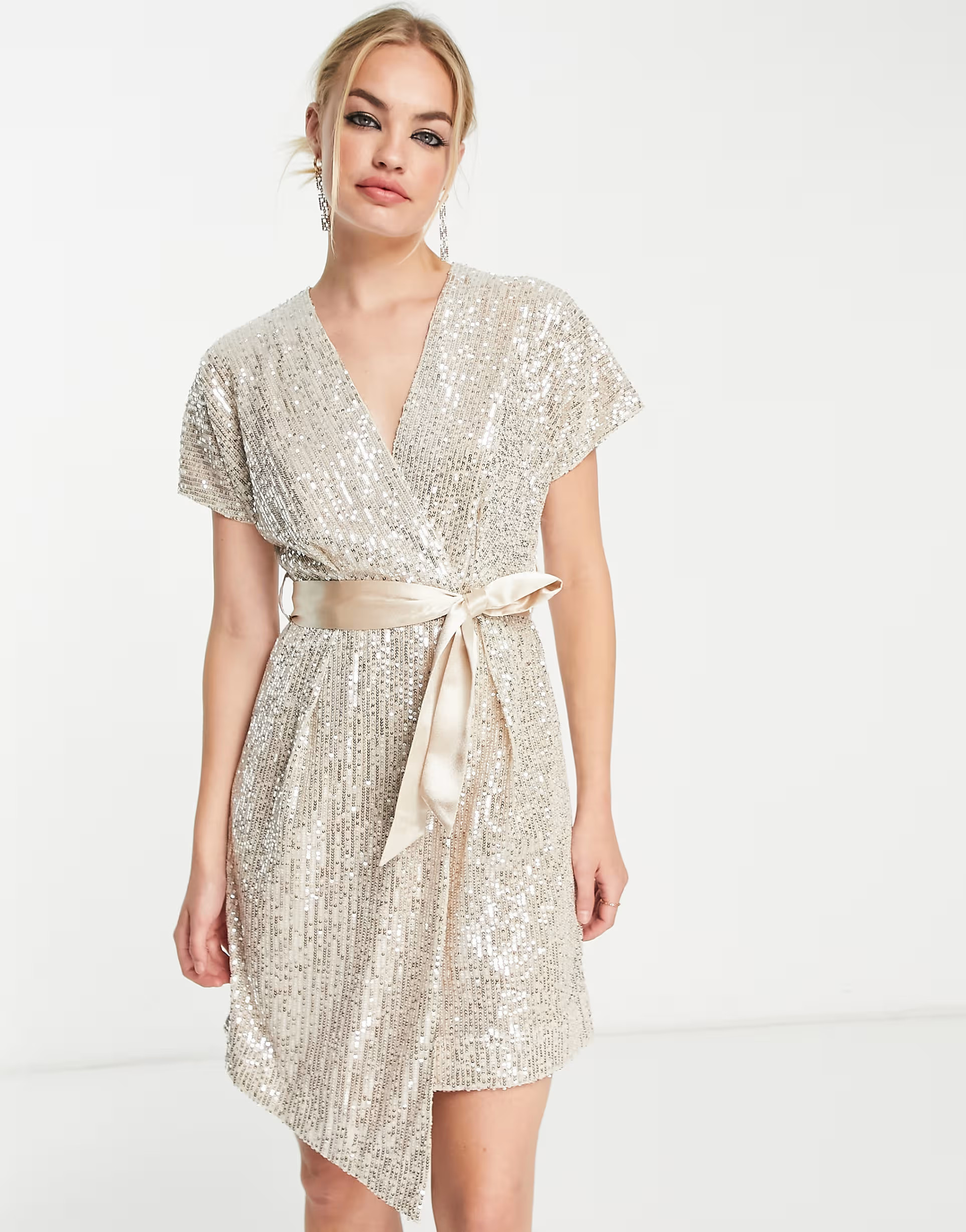 Closet London kimono wrap sequin mini dress in champagne | ASOS (Global)
