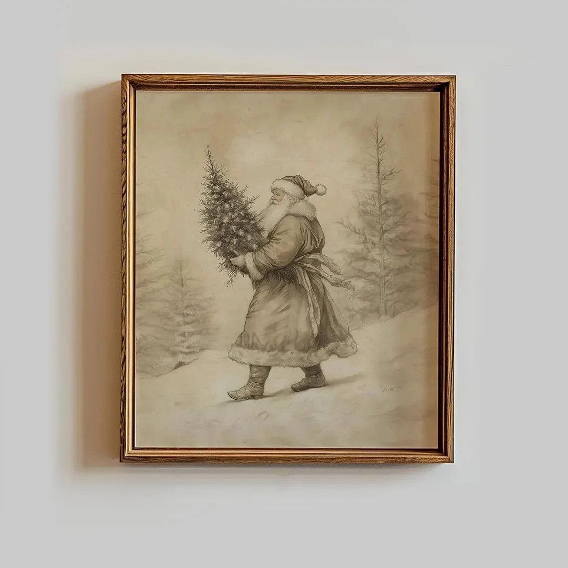 Vintage Christmas Santa Poster Santa Holding Tree Drawing Winter Forest Painting Wall Art For Liv... | Walmart (US)