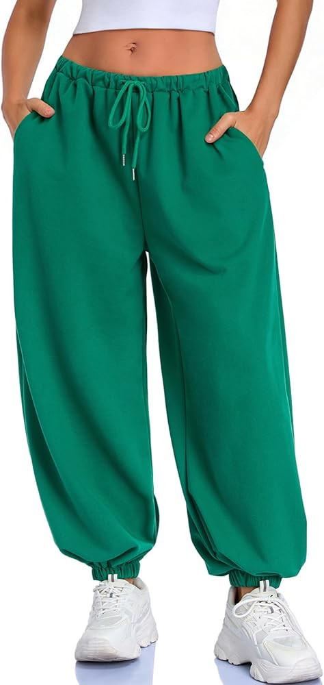 Women's Baggy Balloon Pants Elastic Waist Wide Leg Barrel Pants Joggers Lounge Pants with Pockets | Amazon (US)