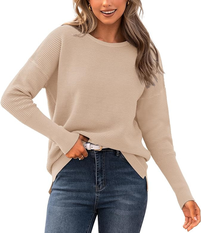 BTFBM Casual Women 2023 Fall Sweater Long Sleeve Ribbed Knit Pullover Loose Crewneck Batwing Spli... | Amazon (US)