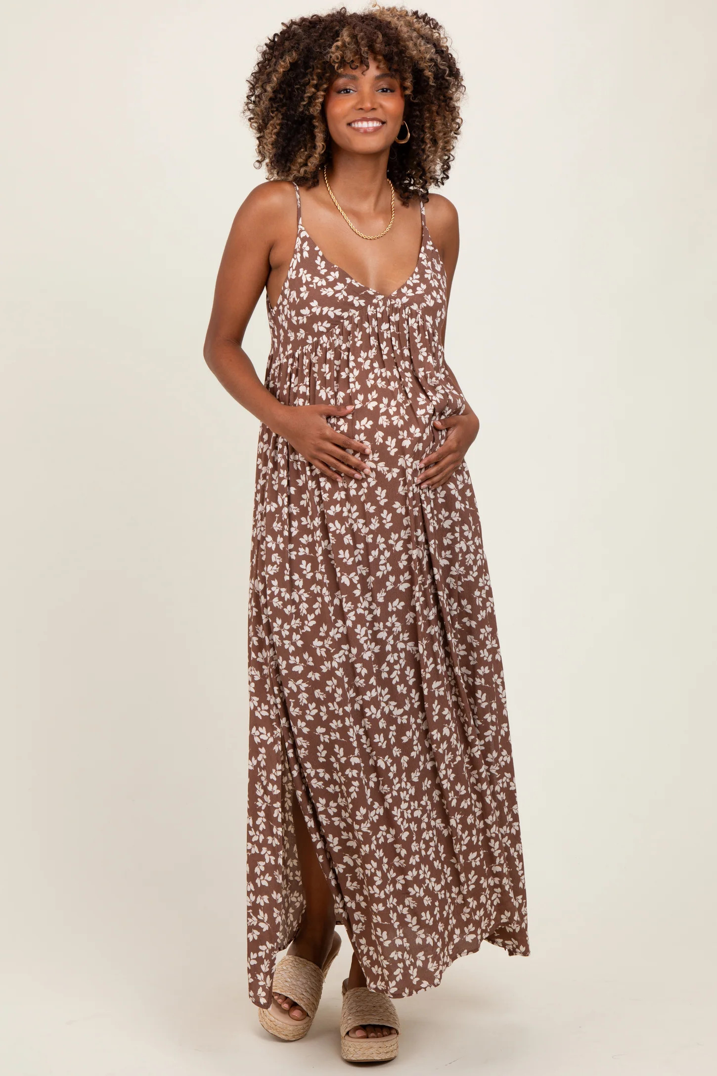 Mocha Floral V-Neck Maternity Maxi Dress | PinkBlush Maternity