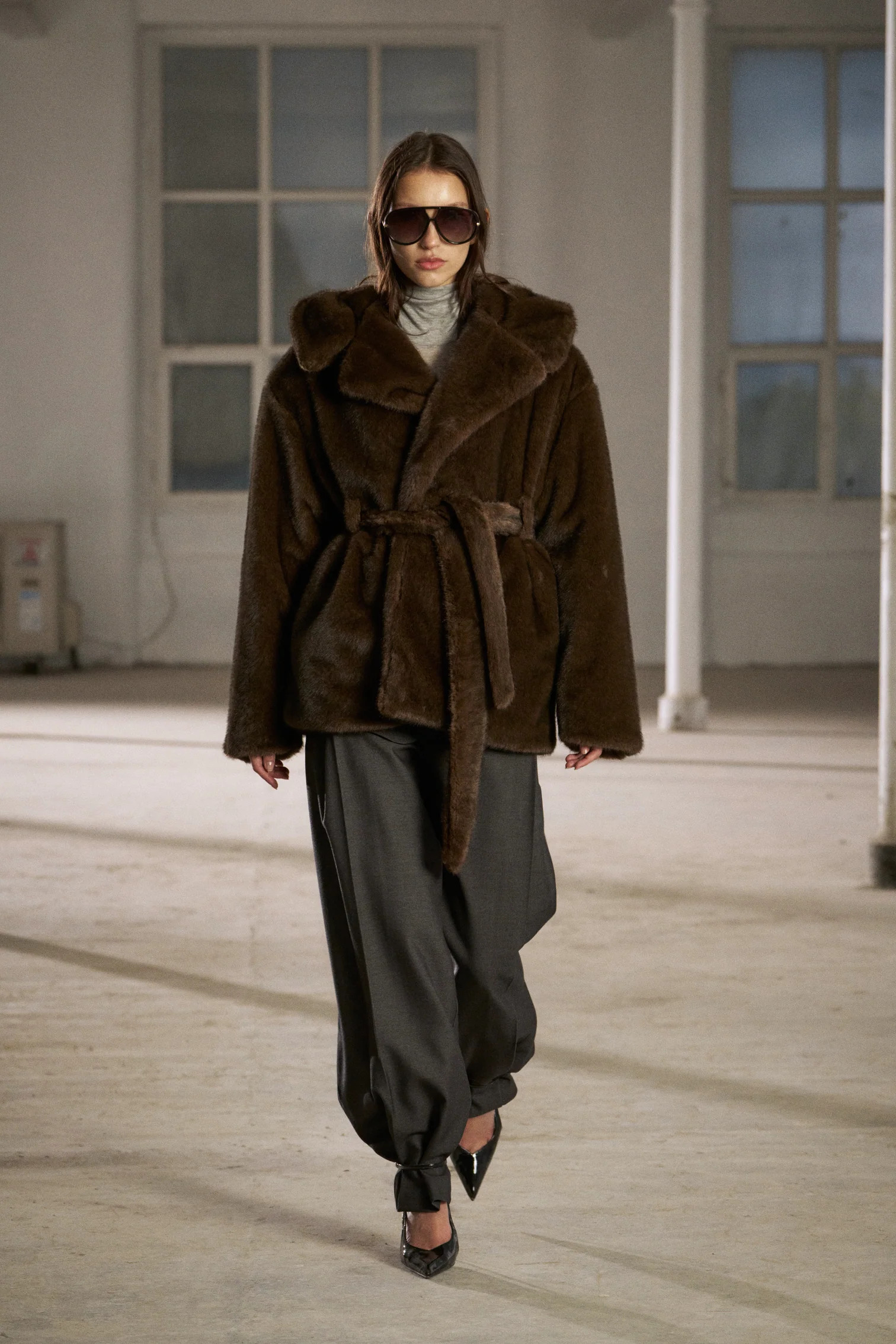 BELTED FAUX FUR HOODED COAT - CHOCOLATE | The Couture Club